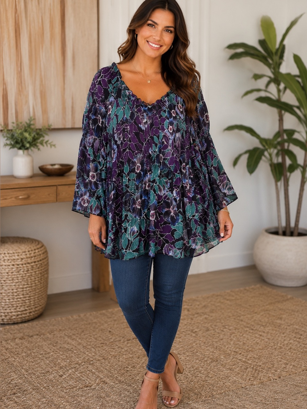 Per Se Woman Floral Plissé Micro-Pleated V-Neck Bell Sleeve Blouse - 24W